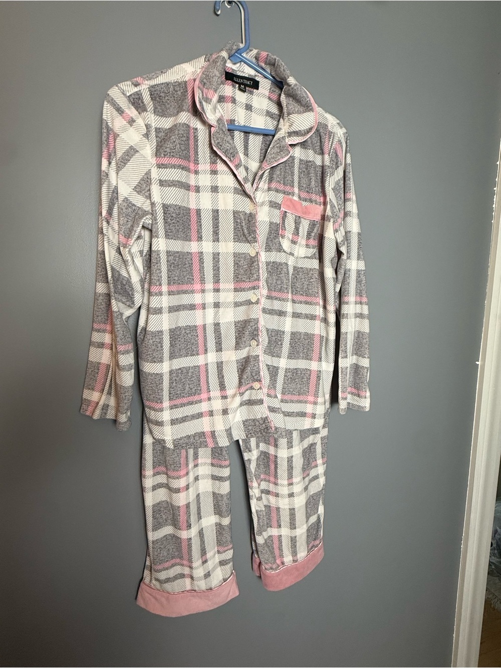 Ellen Tracy White Pink gray Fleece Pajama Set Womens Sz M